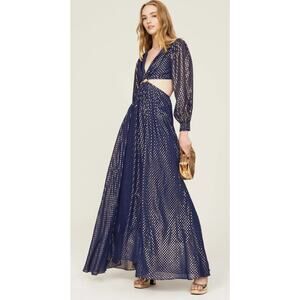 Delfi Collective Cerise navy blue metallic gold polka dot silk dress medium